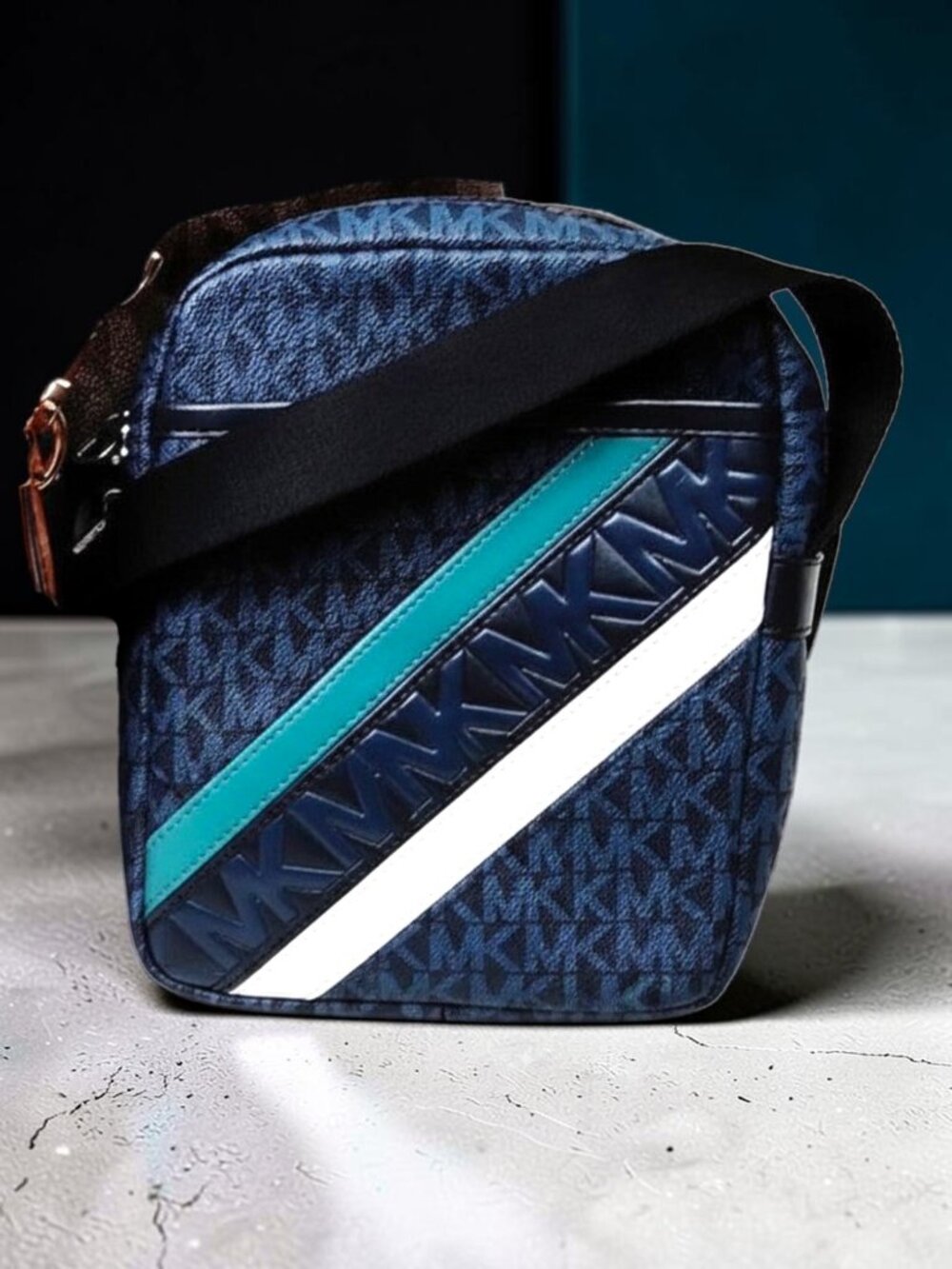 Michael Kors Monogram Logo Crossbody Bag Blue/Black Zip Closure Silver HW
